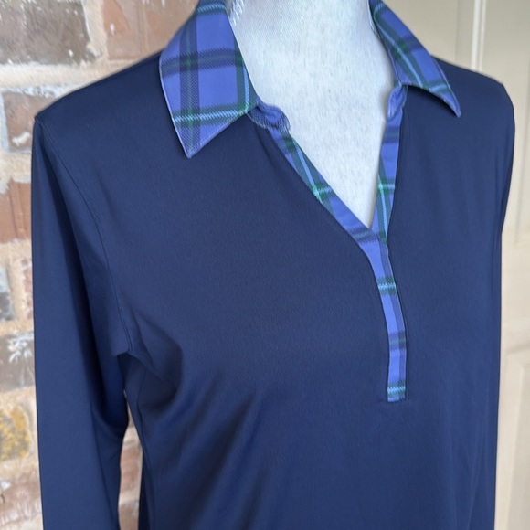 Lady Hagen Navy Blue Clubhouse Long Sleeve Polo Plaid Johnny Collar Sz M - Picture 4 of 11